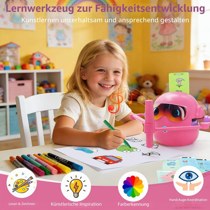 Zeichenroboter für Kinder, Sprachaktiviertes Lernspielzeug mit 100 Wortkarten &amp; 12 Buntstiften, Mont