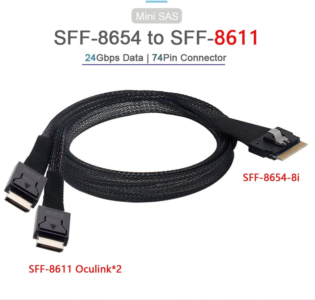 Cablecc PCI-E Ultraport Slimline SAS Slim 4.0 SFF-8654 8i 74pin to Dual Oculink SFF-8611 Cable 50cm