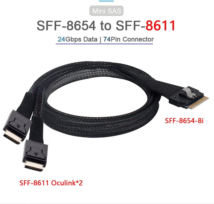 Cablecc PCI-E Ultraport Slimline SAS Slim 4.0 SFF-8654 8i 74pin to Dual Oculink SFF-8611 Cable 50cm