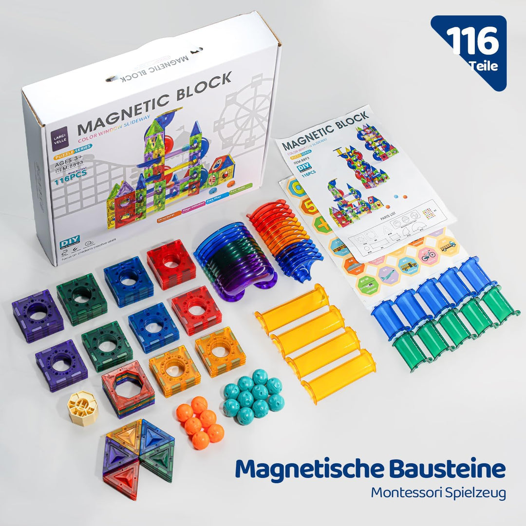Magnetbausteine Kugelbahn in Regenbogenfarben mit 116 Teilen, Kleine 6cm Grösse, Lernspielzeug für K