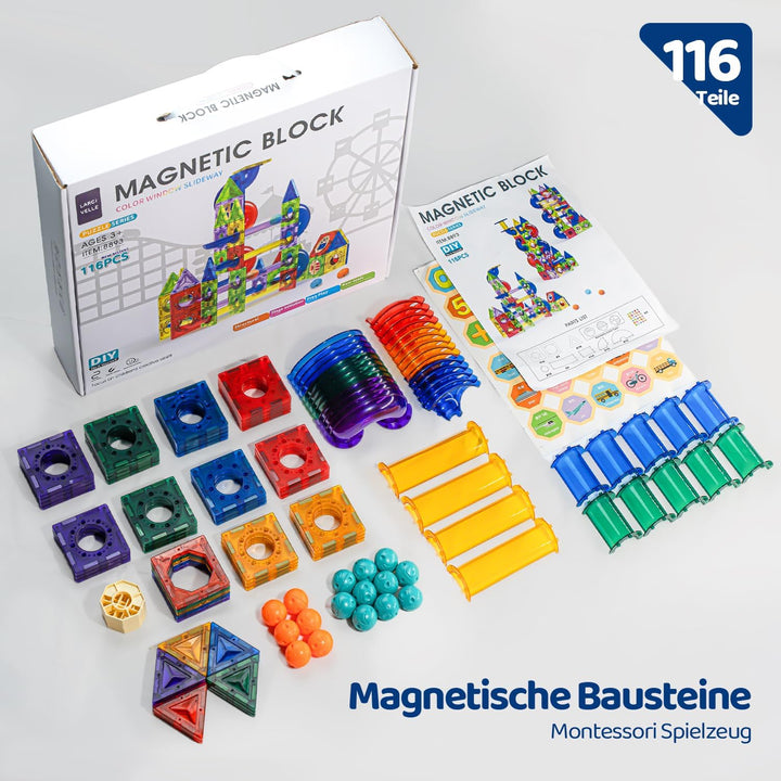 Magnetbausteine Kugelbahn in Regenbogenfarben mit 116 Teilen, Kleine 6cm Grösse, Lernspielzeug für K