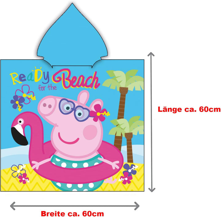Peppa Wutz Pig Kinder Kapuzen Bade-Poncho Beach 60 x 120 cm 100% Baumwolle Veloursqualität Sunny Pon
