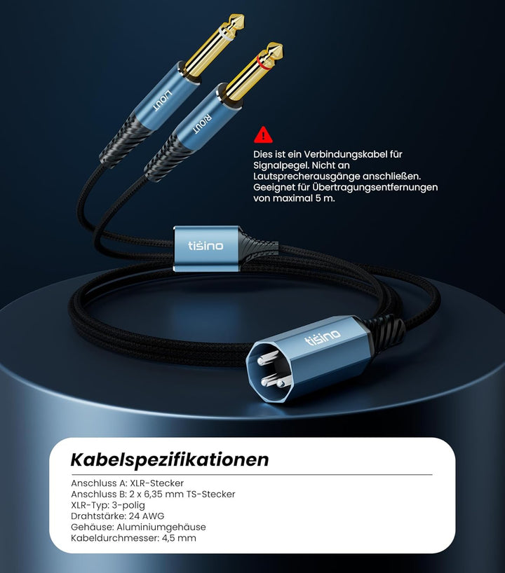Tisino Dual 6,35mm TS Klinkenstecker auf XLR Splitterkabel (2m), XLR Stecker auf Dual 6,35mm TS Mono