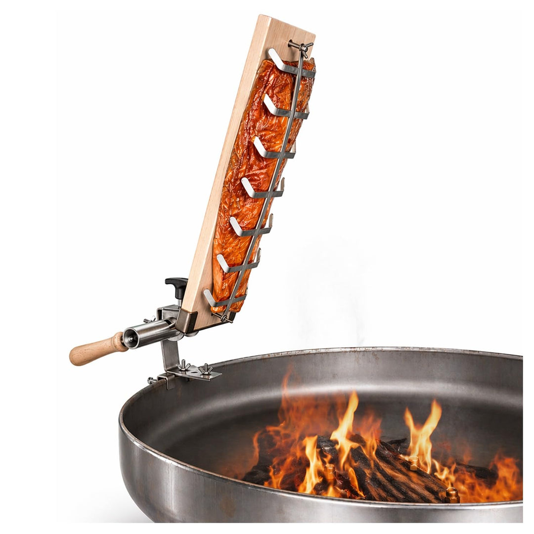 Premium Flammlachsbrett für Feuerschale, Flameboard & Halterung passt auf jede Feuerschale, stufenlo