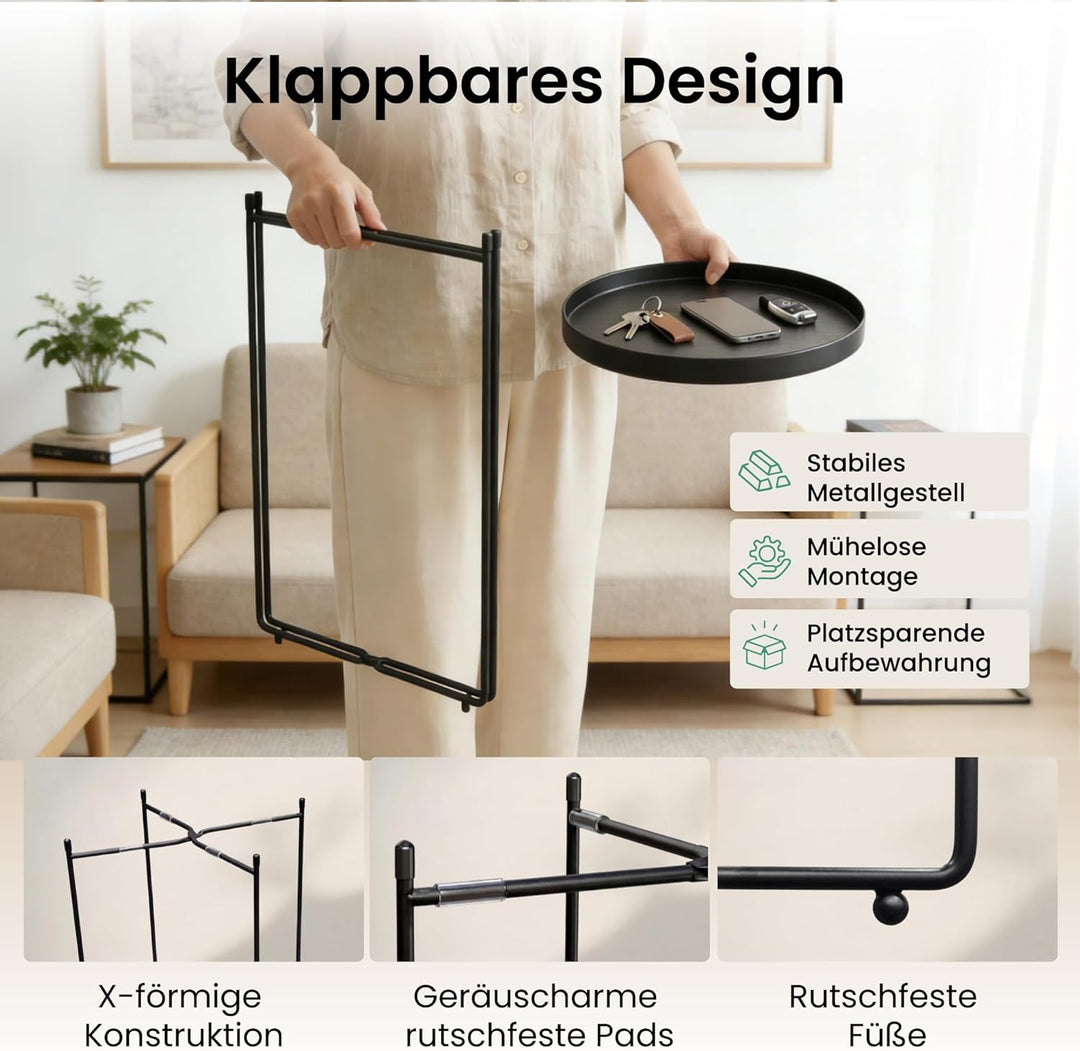 Mai & Mai Beistelltisch rund Ø35×H51 cm, Couchtisch klein mit abnehmbarem Tablett aus PP-Kunststoff,