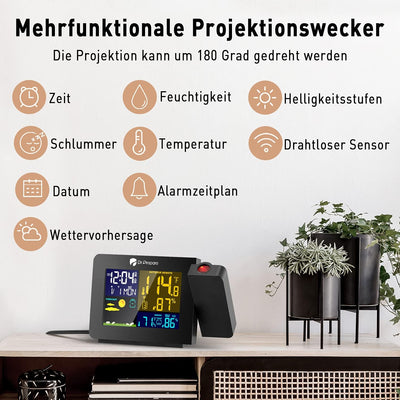 DR.PREPARE Projektionswecker Digitaler Wecker mit Projektion Wecker Wetterstation mit Aussensensor z