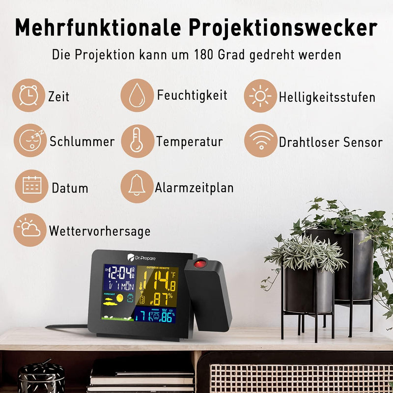 DR.PREPARE Projektionswecker Digitaler Wecker mit Projektion Wecker Wetterstation mit Aussensensor z