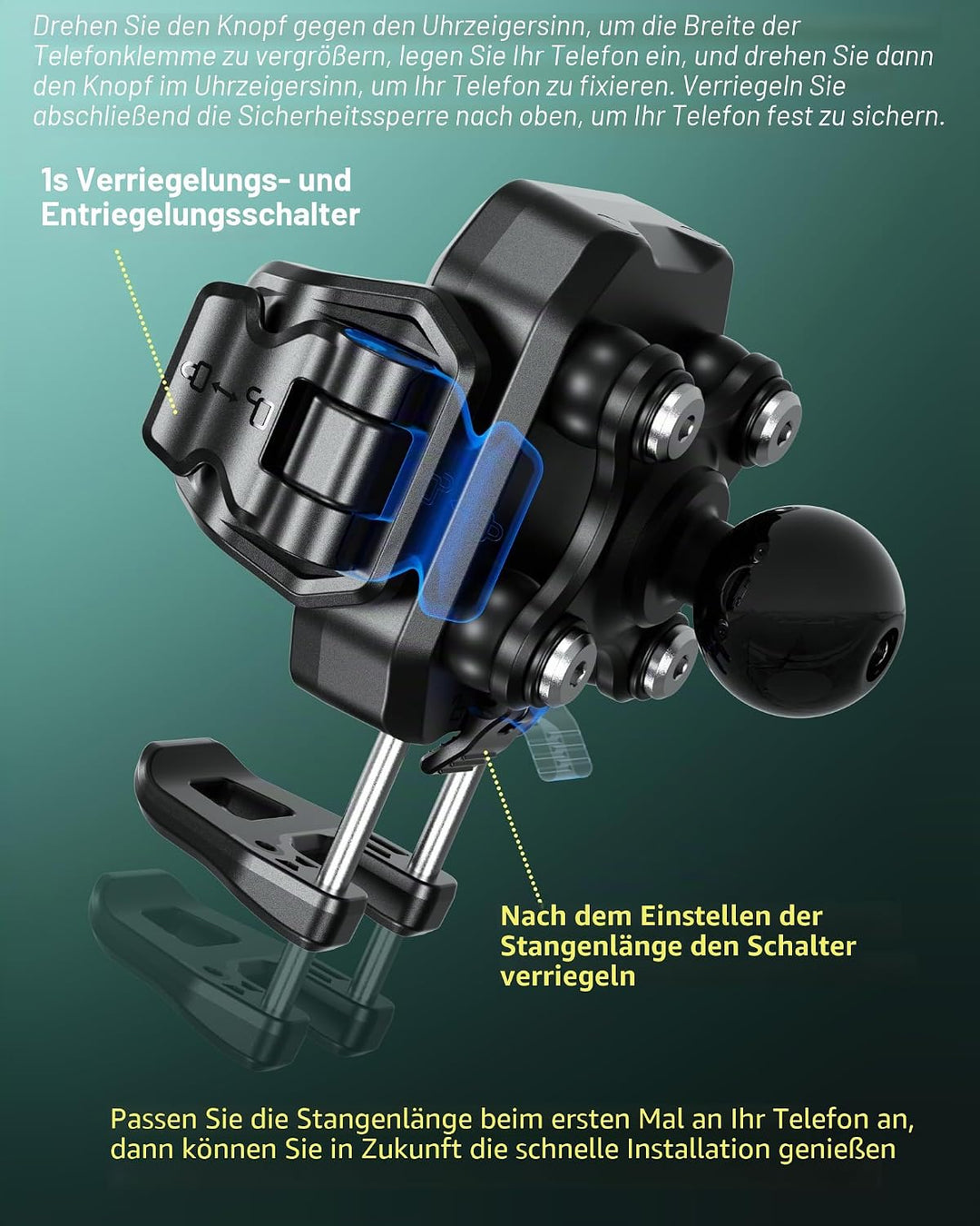 BRCOVAN Handyhalterung mit Vibrationsdämpfer [1s Lock] mit Quadratischer Aluminiumbasis und mittella