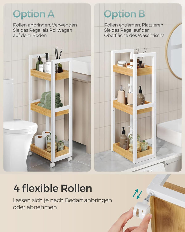 SONGMICS Rollwagen, Badregal, Badezimmerregal mit 3 Ebenen, Nischenregal Bambus, Regal schmal, Nisch