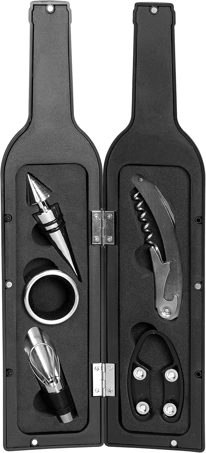 Grinscard Weinöffner Set 5 TLG. - Weinflaschen Design, Schwarz - Wein Zubehör mit Folienschneider |