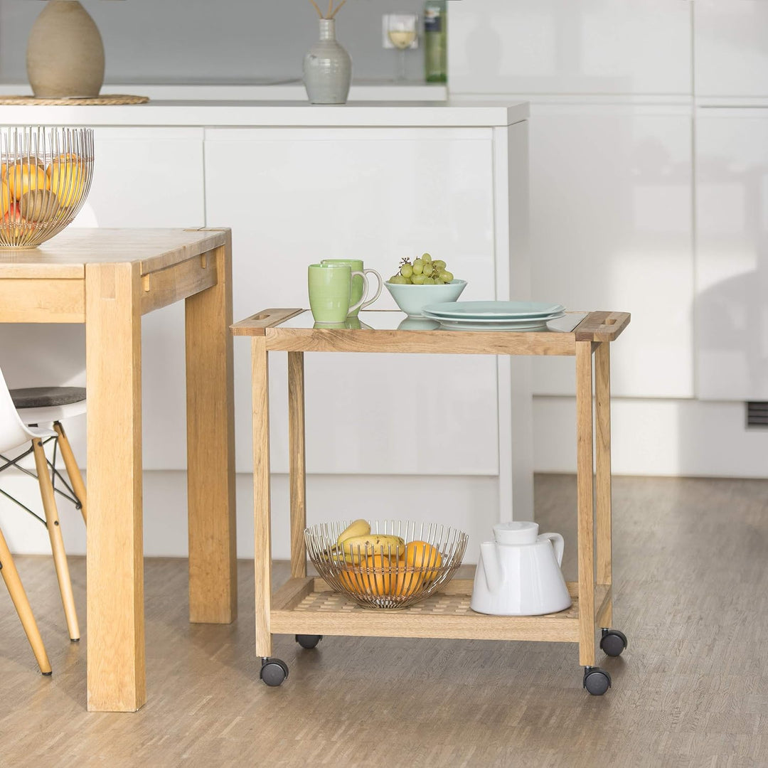 Relaxdays Küchenwagen auf Rollen, Holz Servierwagen mit Glasplatte, 2 Etagen Rollwagen, HxBxT: 62 x