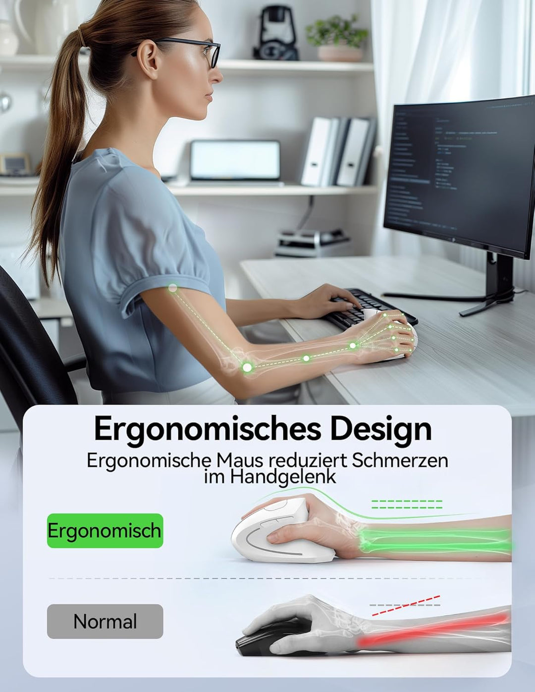 TECKNET Wiederaufladbar Ergonomische Maus Kabellos, 2.4G Optische Vertikale Maus Ergonomisch, 5 Eins