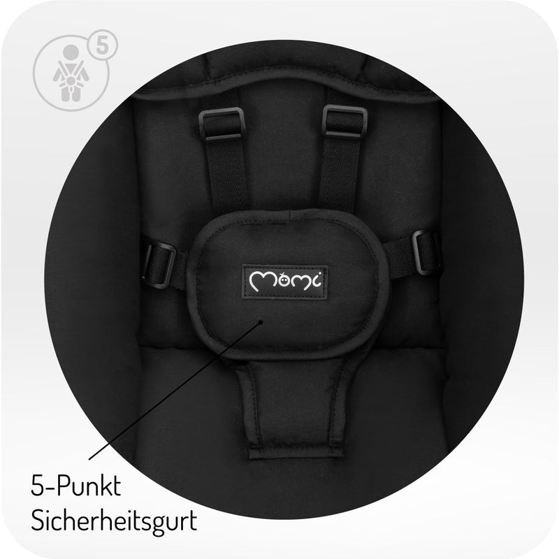 MoMi KENANI ONYX Babywippe für Babys bis 9 kg, mit LED-Display, Fernbedienung & Bluetooth für Smartp