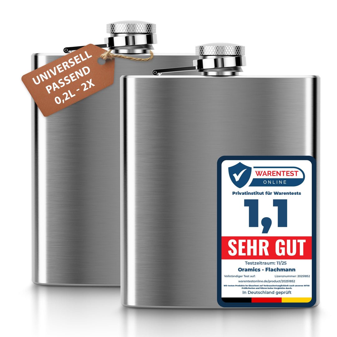 2x Oramics Flachmann 200ml aus Edelstahl – Rostfreier, extra flacher Taschenflachmann 7oz – Geschenk