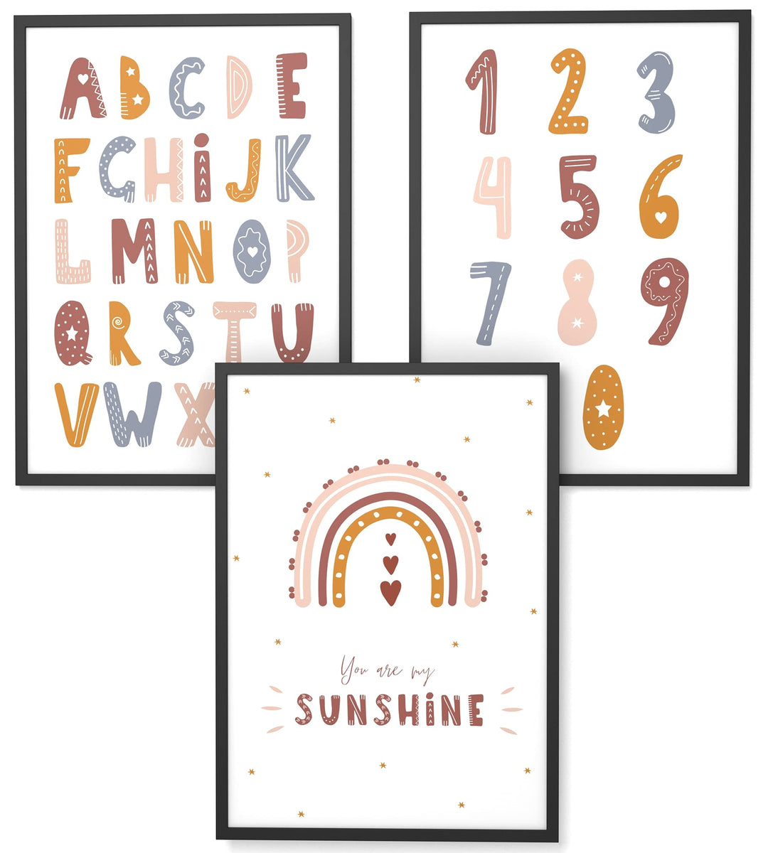 Papierschmiede® Kinderbilder 3er Set Lernposter, A4 gerahmt in Holzrahmen (schwarz), Geschenk für Mä