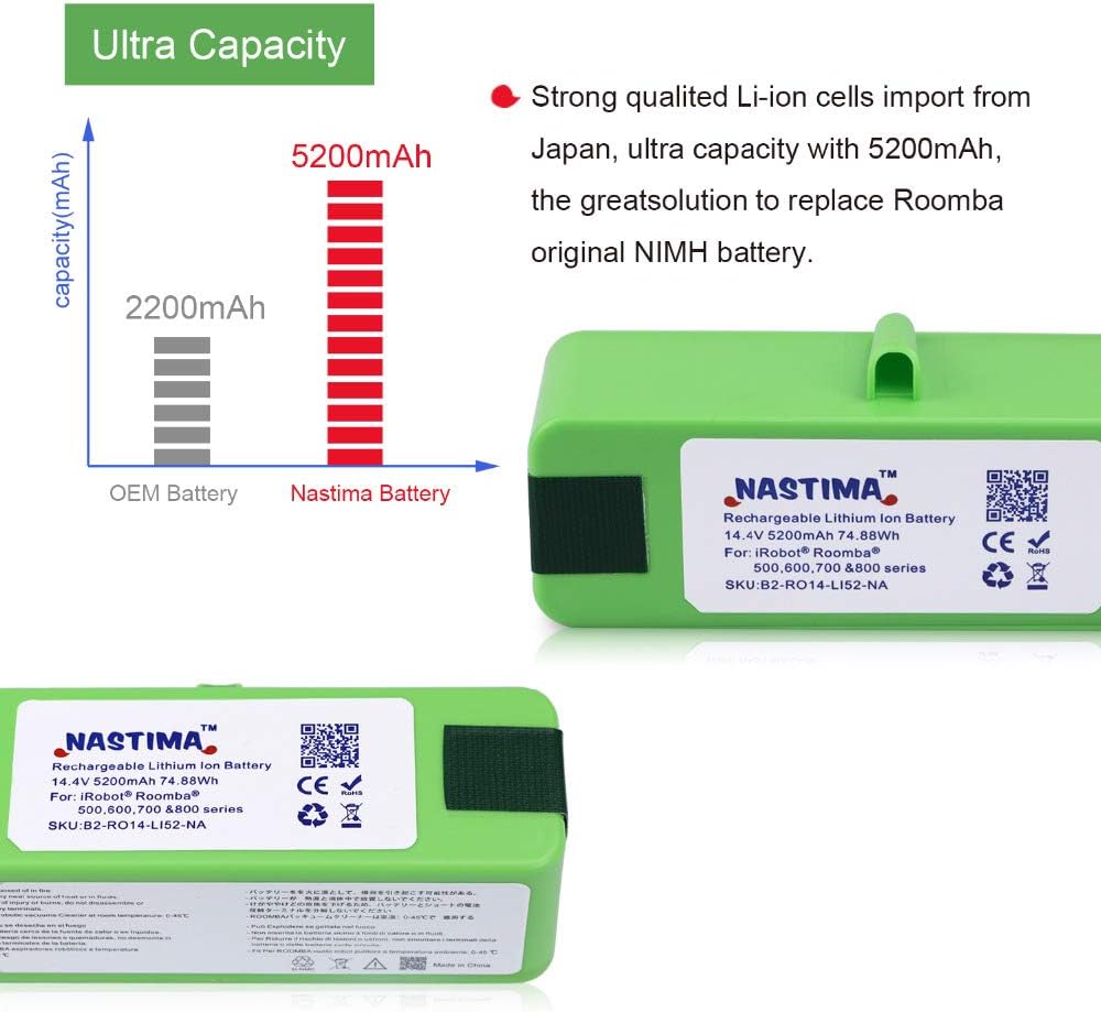 NASTIMA Xlife Lithium-Ionen-Akku, 14,4 V, 5200 mAh, kompatibel mit iRobot Roomba 985 980 966 960 895