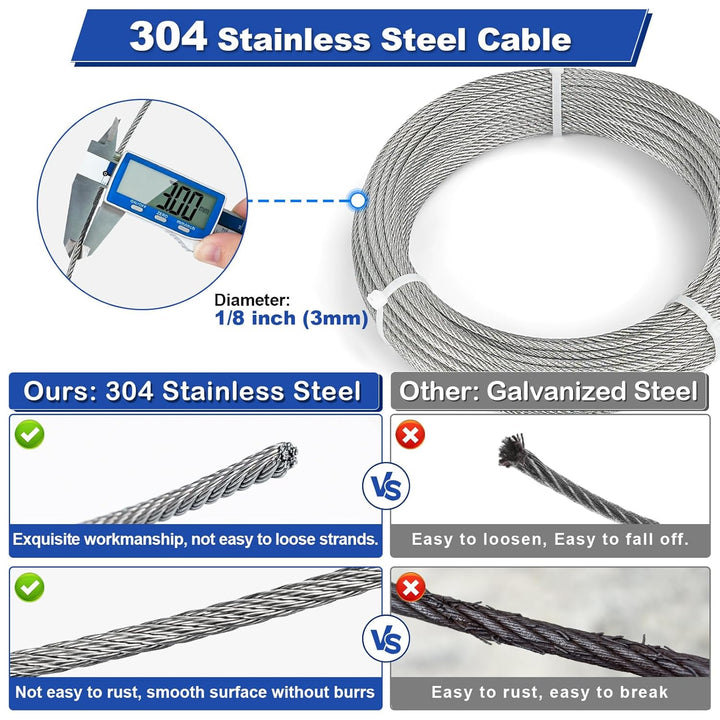 TooTaci Edelstahlseil 3mm Set,60M/3mm Drahtseil Edelstahl,Stahlseil mit Ösen,10 Stück M5 Seilspanner