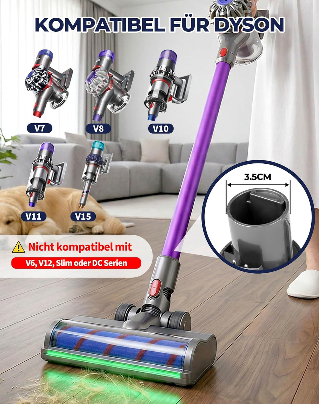 Bürste mit Softwalze für Dyson V7 V8 V10 V11 V15 Staubsauger LED Bodenbürste mit Stauberkennung Soft