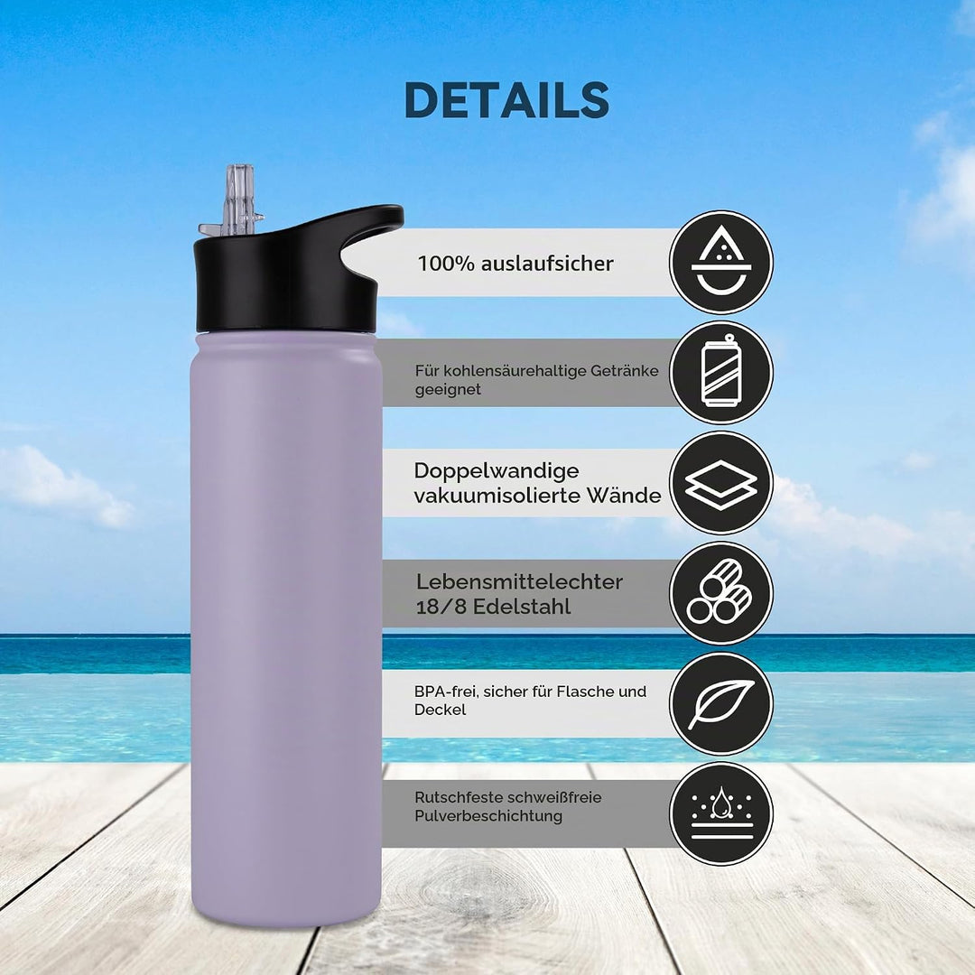 Edelstahl Trinkflasche - 750ml - mit Strohhalm,Auslaufsicher,Kohlensäure Geeignet,BPA frei Thermosfl