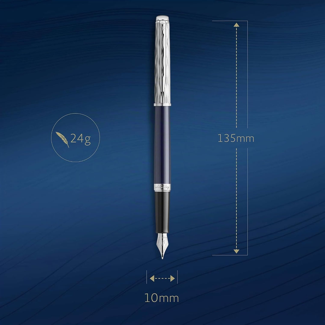 Waterman Hémisphère Füller , Metall und blaue Lackierung , ziselierte Kappe , Füllfederhalter mit mi