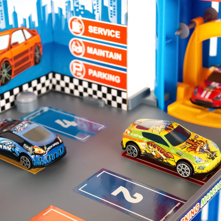 CELMAN Parkgarage Spielset für Kinder - Multilevel Spielzeugauto Parkhaus mit Handbetriebener Aufzug