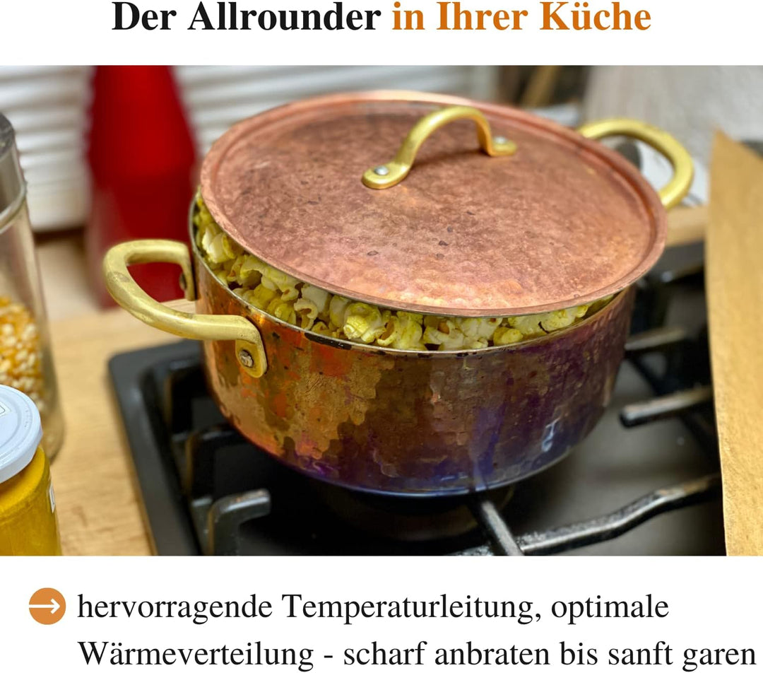 CopperGarden Kupfertopf mit Deckel + Griffen aus Messing I Gehämmerter Kupferkochtopf aus verzinntem