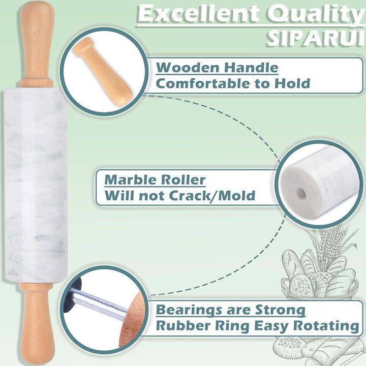 Marmor-Nudelholz mit Holzwiege, dicker Griff, Set zum Backen, 47 cm, hochwertige polierte Walze für