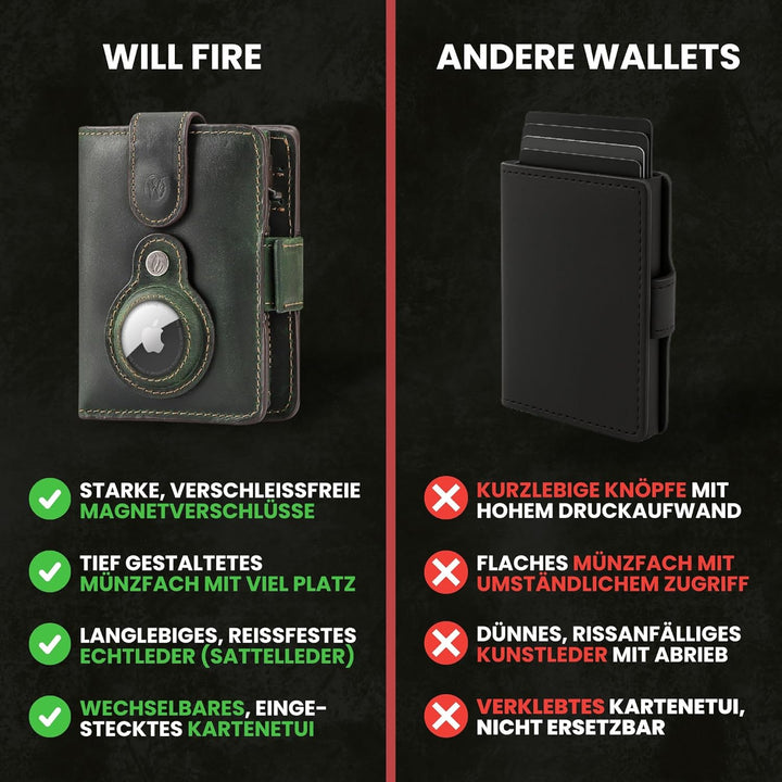 Will Fire® AirTag Wallet | Inkl. Airtag Anhänger | Echtleder Geldbörse mit Münz- &amp; Scheinfach | Extr