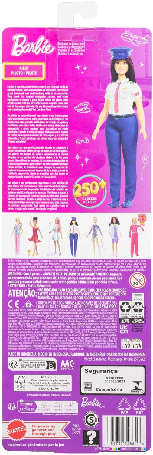 Barbie Karriere Pilotin-Modepuppe mit Abnehmbarer Kleidung und Flug-Uniform sowie Schuhen und Hut, J