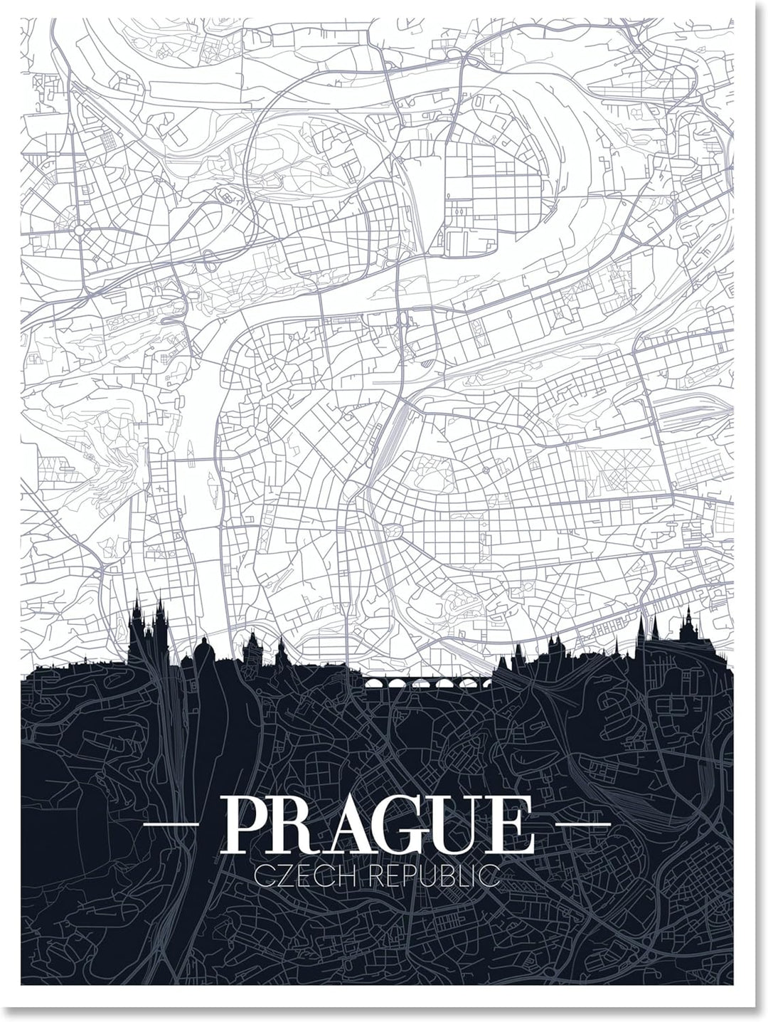 wandmotiv24 Stadt Karte als Leinwandbild, 100x75cm, Hochformat, Prag, Tschechien, Silhouette, Stadtp