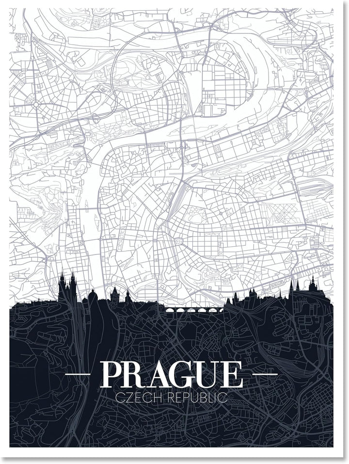 wandmotiv24 Stadt Karte als Leinwandbild, 60x45cm, Hochformat, Prag, Tschechien, Silhouette, Stadtpl