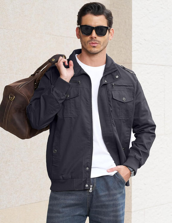 EKLENTSON Herren Übergangsjacke Frühling Cargo Jacke Freizeitjacke mit Vielen Taschen XL Grau, XL Gr