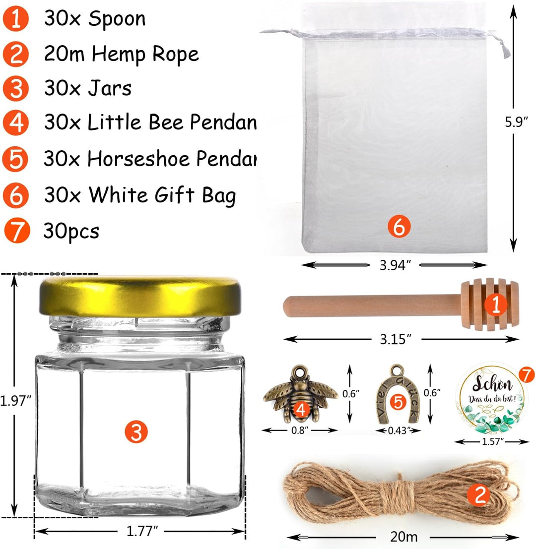 MAOOY 30 Stück Hexagon Mini Glas Honiggläser 45ml Honigglas Mit Honiglöffel Honig Kleine Gläser Gold