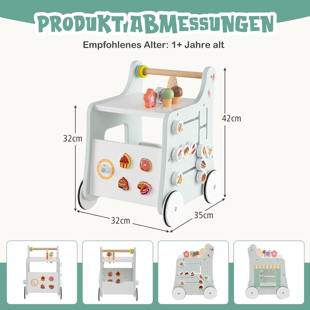 COSTWAY Lauflernwagen Holz, Lauflernhilfe mit Stauraum, Dessertladen auf Rädern mit Eiscreme, Schieb