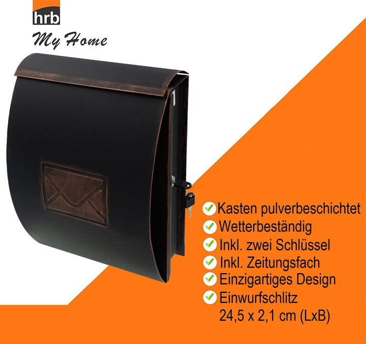 HRB Briefkasten nostalgisch, Postkasten wasserfest Zeitungsfach (Schwarz-Bronze Hochformat), Schwarz