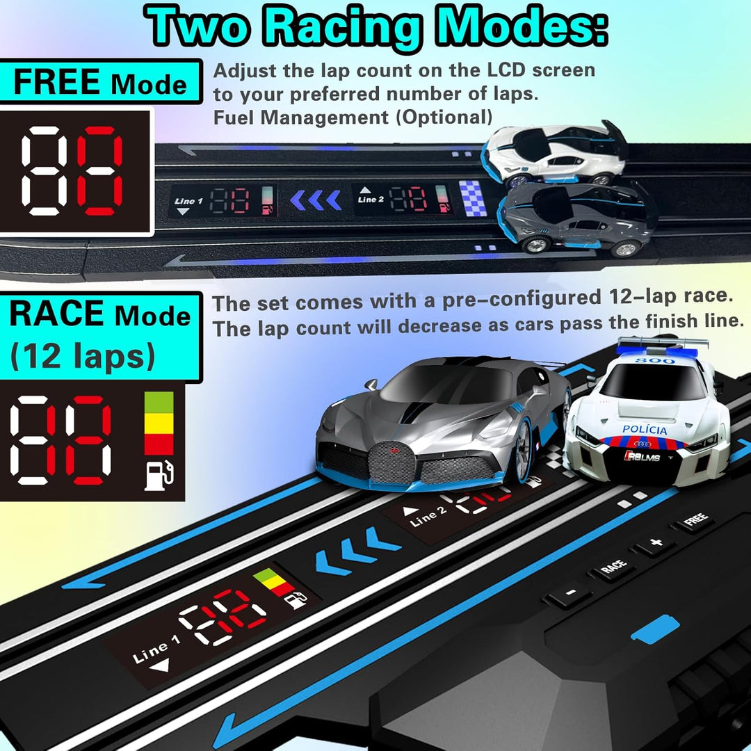 Slot Car Racing Set mit LED-Rundenanzeige, Hochgeschwindigkeit, Tankstopp, Sprachfeedback, 4 lizenzi