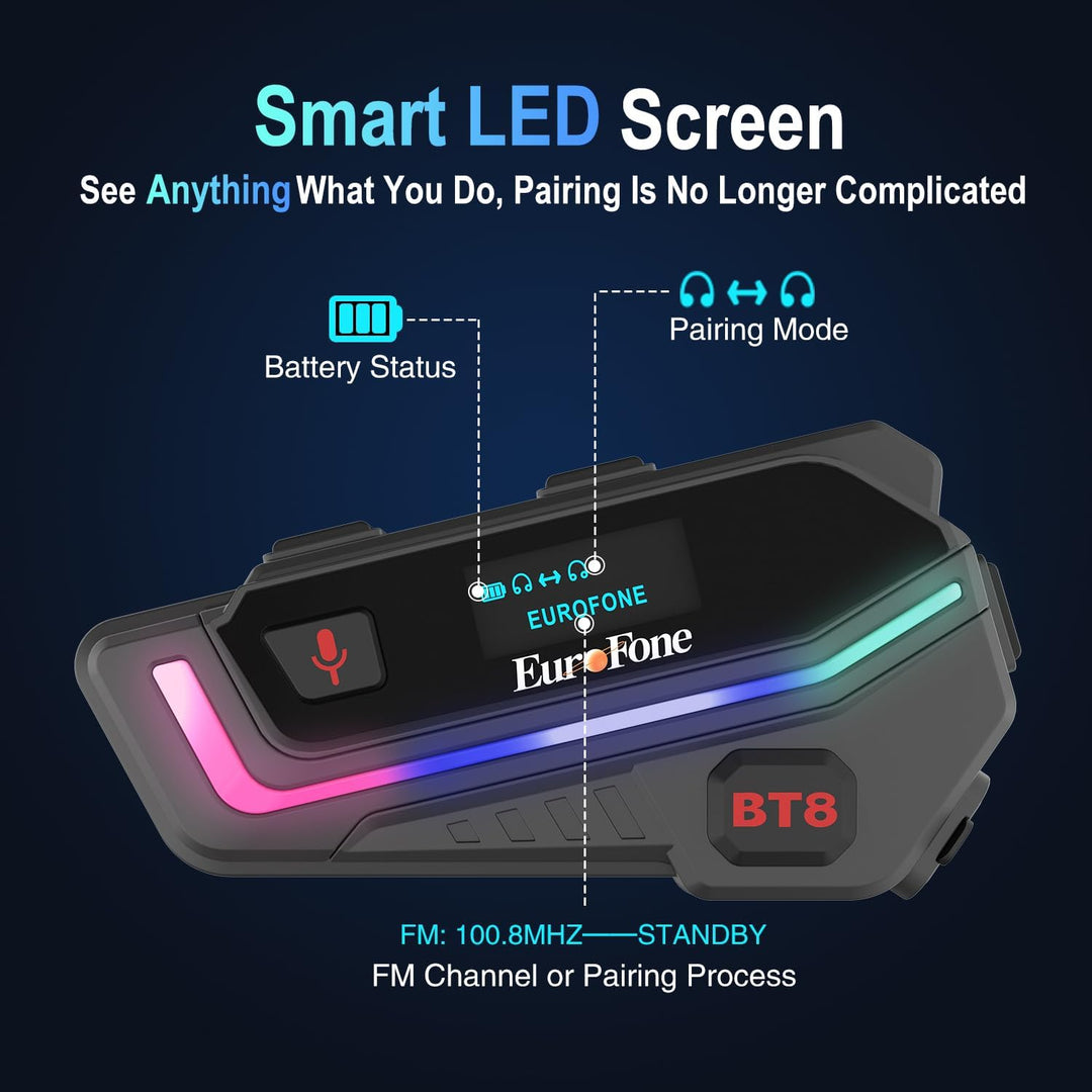 EuroFone Motorrad Bluetooth Headset, Motorrad Bluetooth Intercom Kommunikationssystem mit LED-Bildsc