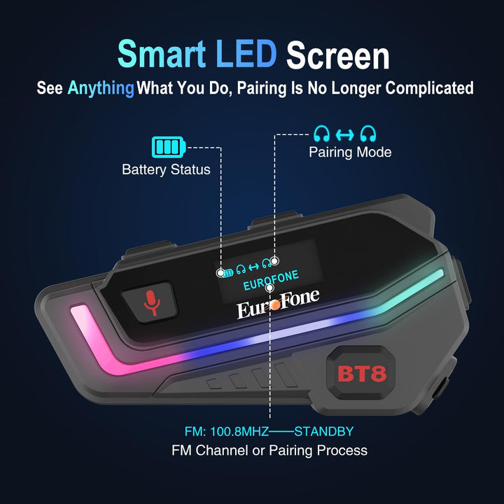 EuroFone Motorrad Bluetooth Headset, Motorrad Bluetooth Intercom Kommunikationssystem mit LED-Bildsc