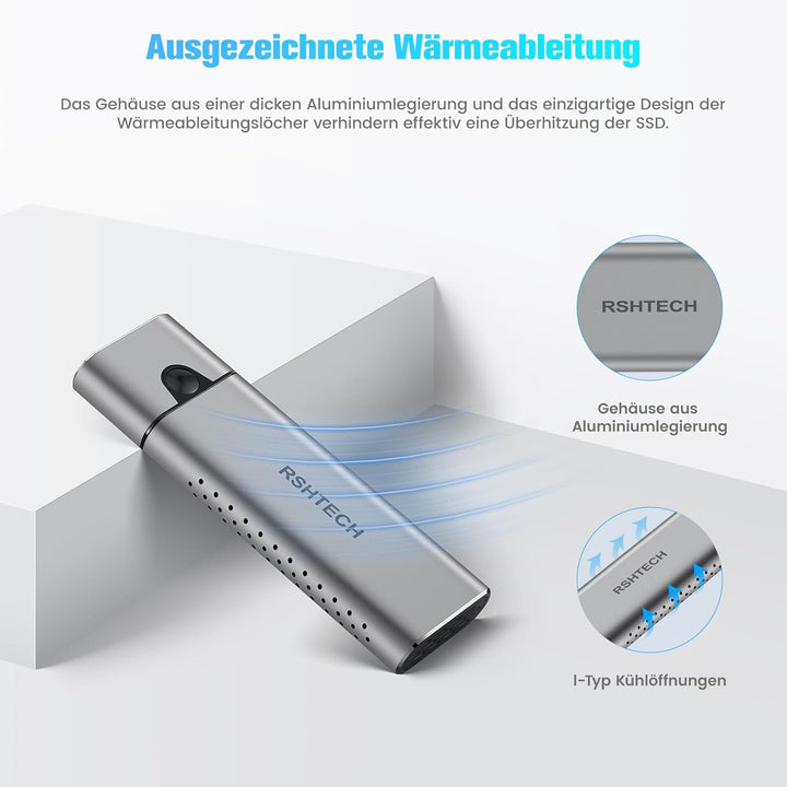 RSHTECH Nvme SSD M.2 Gehäuse Aluminium - USB M.2 Adapter, USB 3.2 Gen 2 10gbps PCIe - UASP Trim - SA