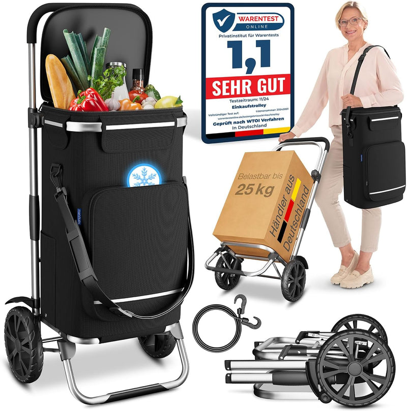 maxVitalis Einkaufstrolley klappbar, Einkaufswagen mit Kühlfach, 3in1 Trolley, Sackkarre & Umhängeta