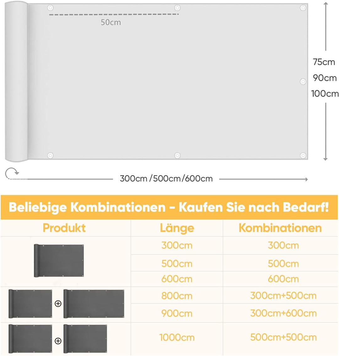 Sunula Balkon Sichtschutz Blickdicht 90x600cm, PES Balkonverkleidung Windschutz Ohne Bohren, Balkons