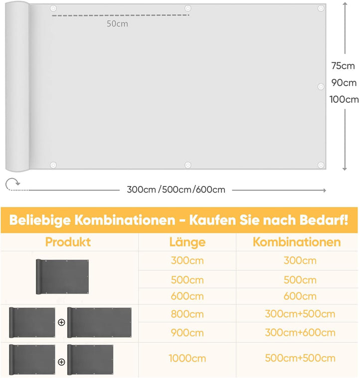 Sunula Balkon Sichtschutz Blickdicht 90x600cm, PES Balkonverkleidung Windschutz Ohne Bohren, Balkons