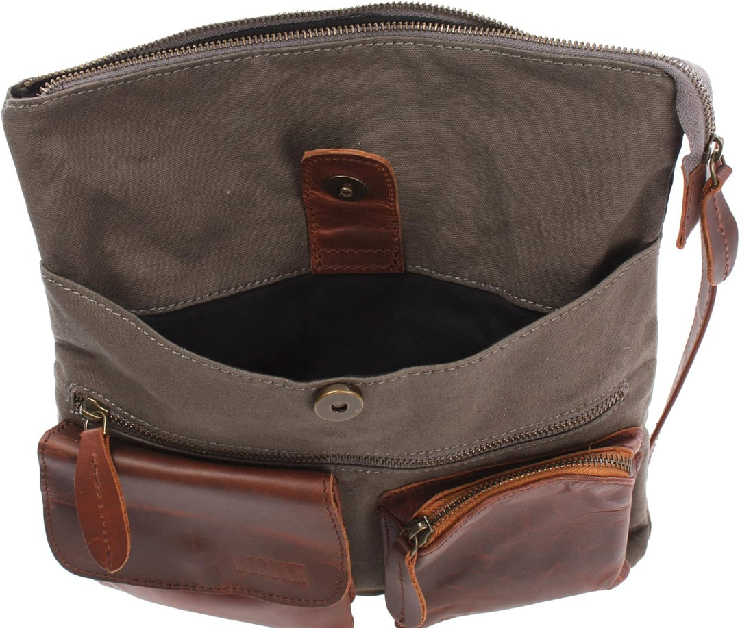 LECONI Umhängetasche Canvas &amp; Leder kleine Schultertasche Handtasche Damen + Herren Vintage Retro St