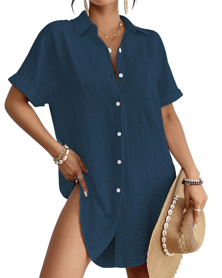 Bsubseach Frauen Badeanzug Coverup Shirt Kleid Button Down Badeanzug Cover Up Beachwear Marineblau S