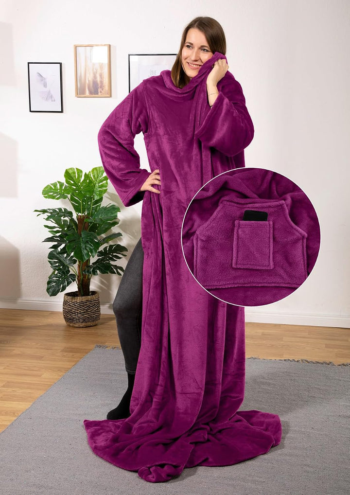 heimtexland ® Ärmeldecke TV Kuscheldecke mit Ärmeln Taschen Fusssack Super Soft Flanell tragbare Dec