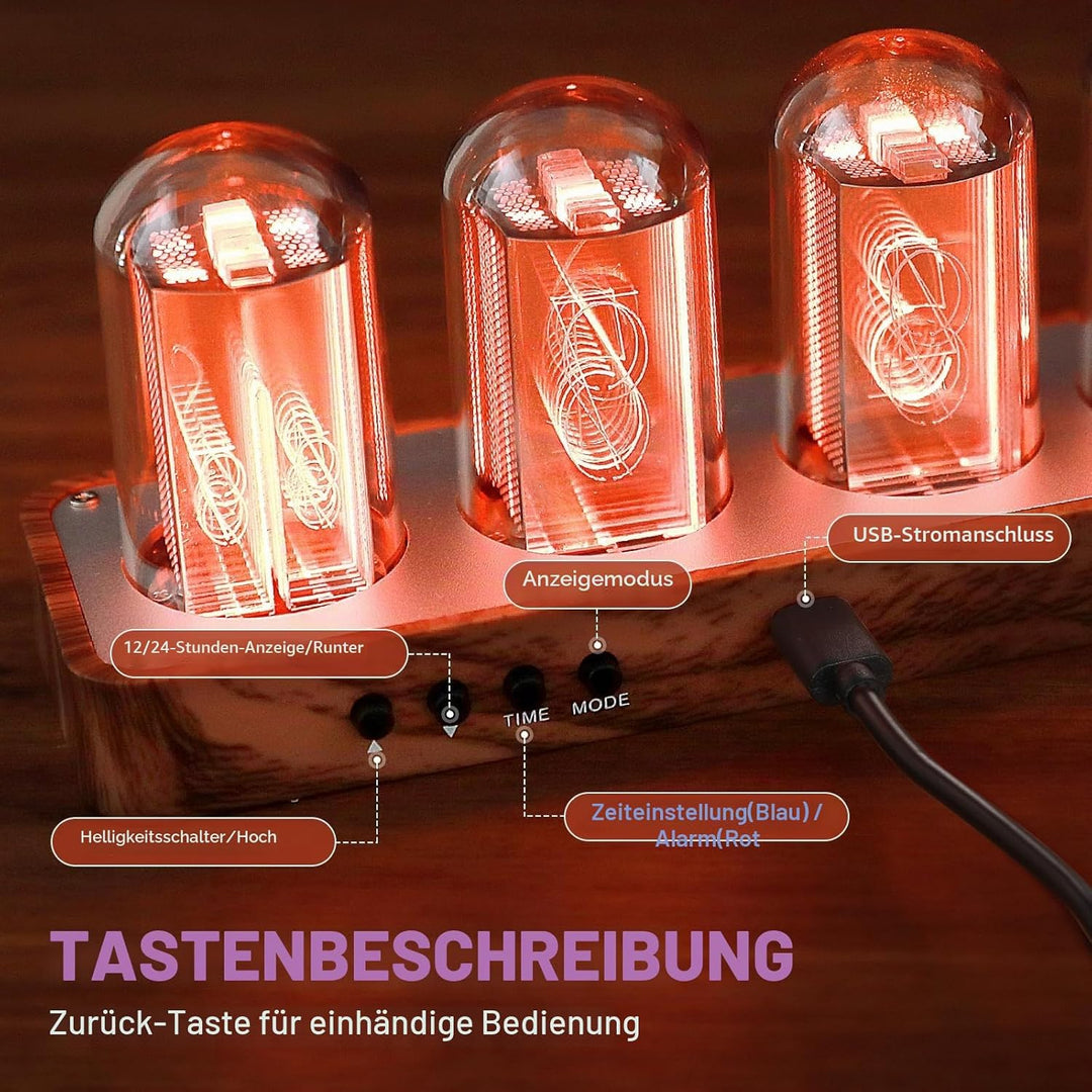 ClocTeck Nixie Röhrenuhr mit WLAN-Synchronisation, Alarm & Timer, 12/24H Display, keine Montage erfo