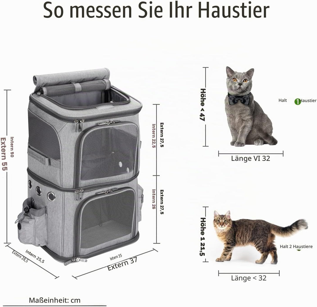 Rucksack für 2 Katzen, 2-in-1, abnehmbares Doppelfach, bis zu 12 kg, Transporttasche, faltbar und be