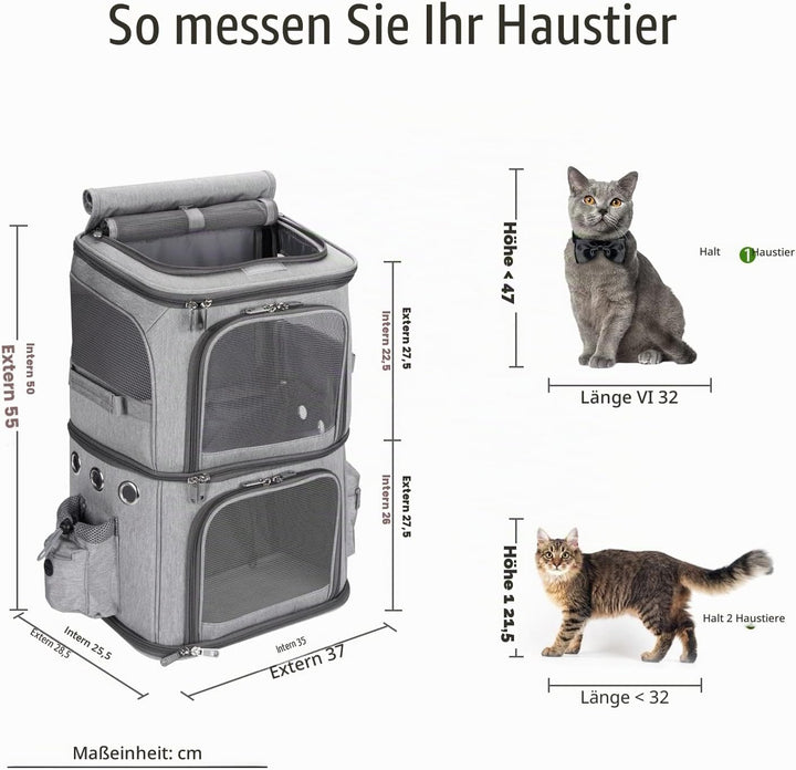 Rucksack für 2 Katzen, 2-in-1, abnehmbares Doppelfach, bis zu 12 kg, Transporttasche, faltbar und be