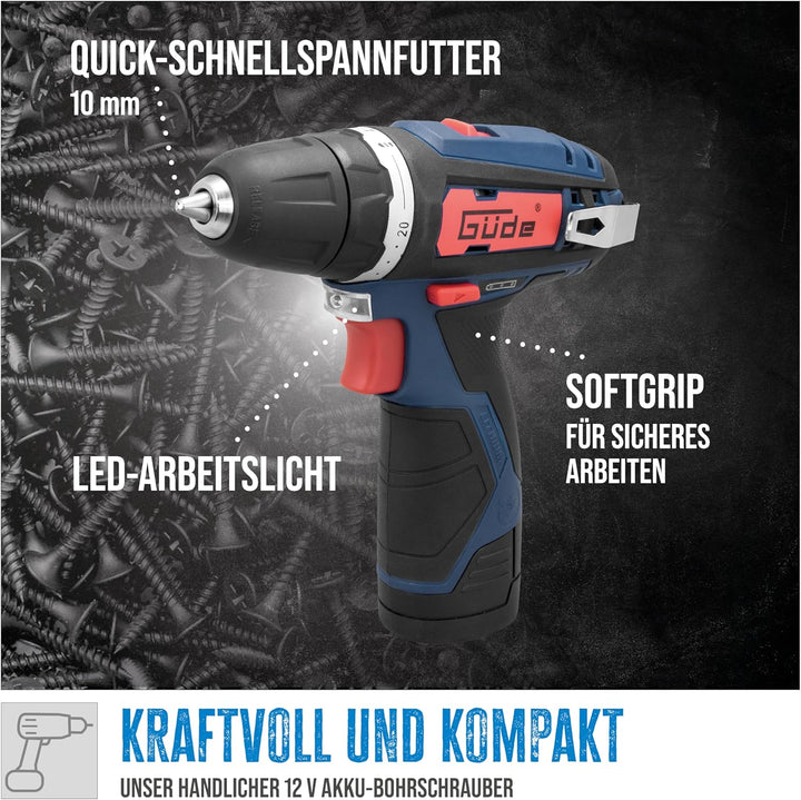 Güde 58601 BS 12-131-04K Akku Bohrschrauber (12V, 20+1 Drehmomentstufen, 6x HSS Bohrer, 6x CR-V Bits
