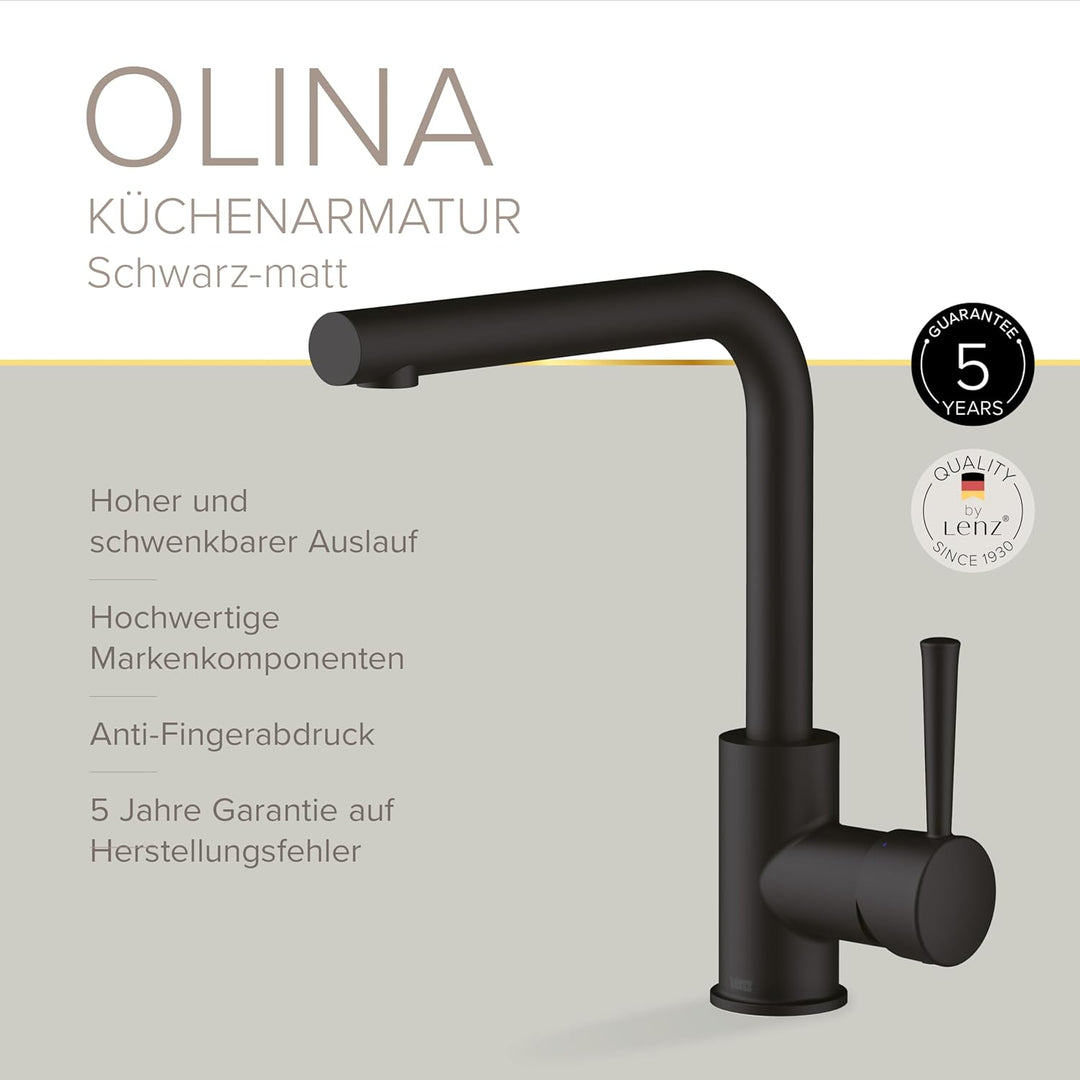 Lenz Küchenarmatur OLINA Schwarz-matt – Hoher und 360° schwenkbarer Auslauf | Spültischarmatur in L-